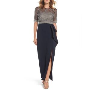 Adrianna Papell Cascading Beaded Navy Gown Size 8